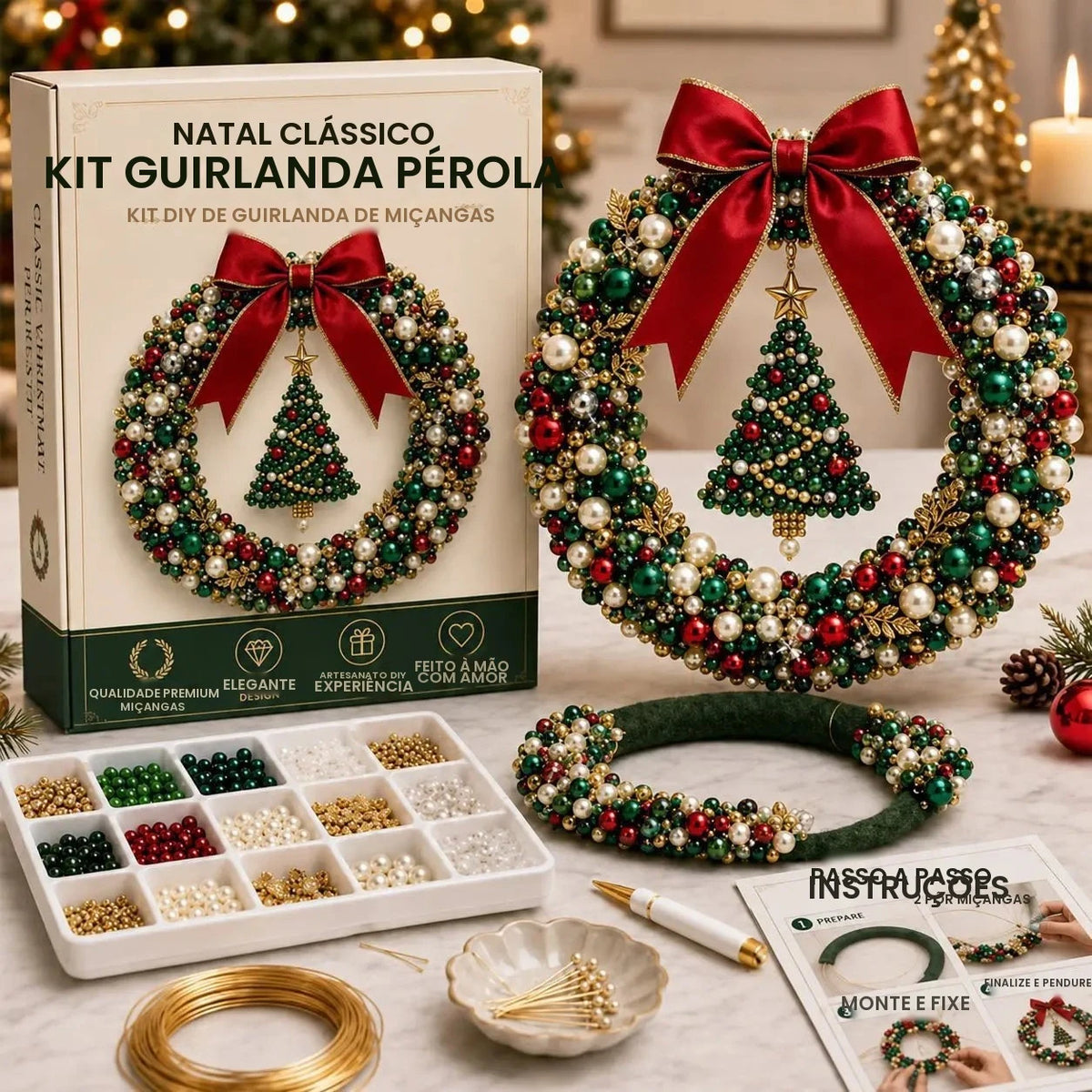 Kit de Guirlanda de Natal com Pérolas, Kit de Pintura de Arte com Diamantes DIY, Materiais para Artesanato de Guirlanda de Natal Feita à Mão, Decoração de Porta e Parede para Feriados