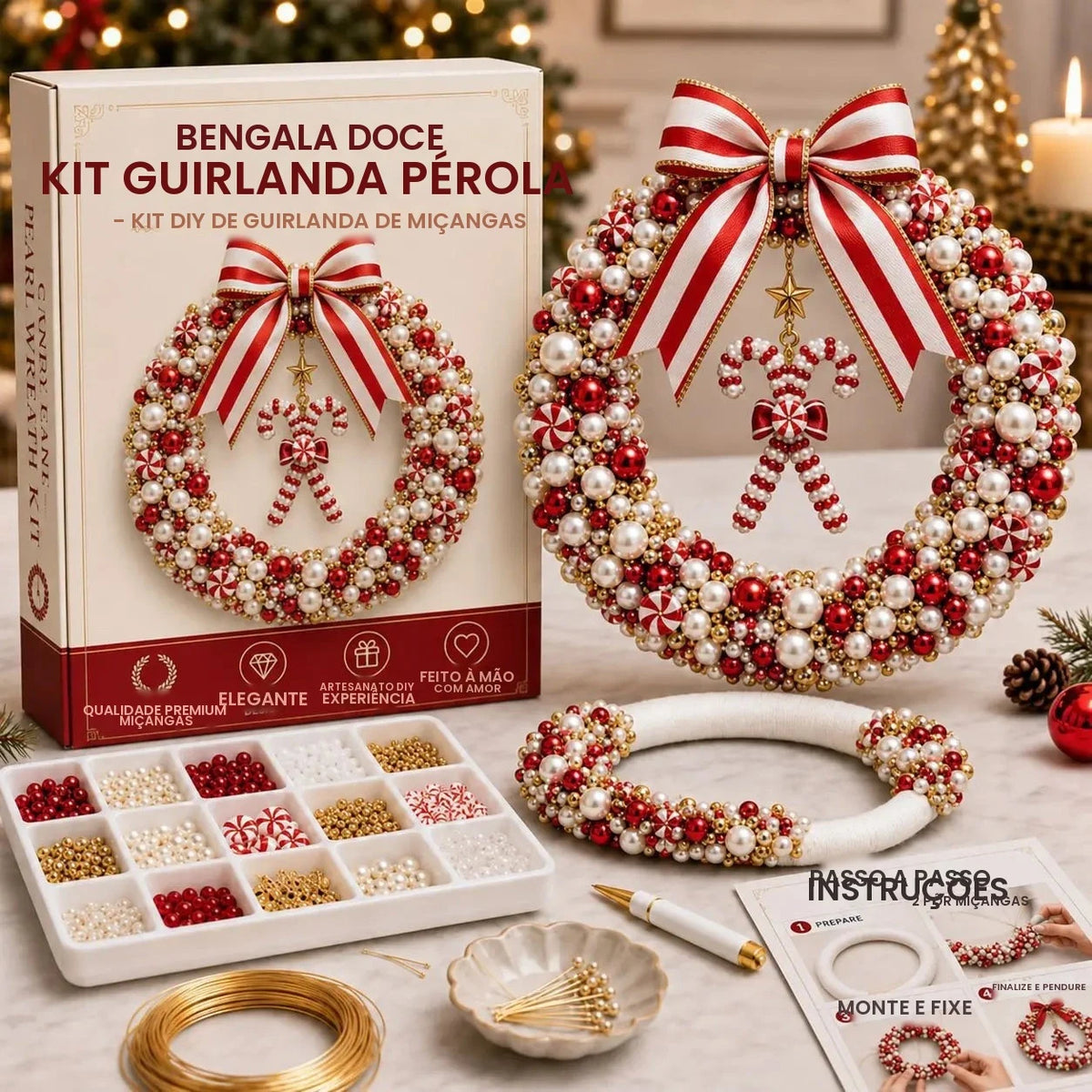 Kit de Guirlanda de Natal com Pérolas, Kit de Pintura de Arte com Diamantes DIY, Materiais para Artesanato de Guirlanda de Natal Feita à Mão, Decoração de Porta e Parede para Feriados