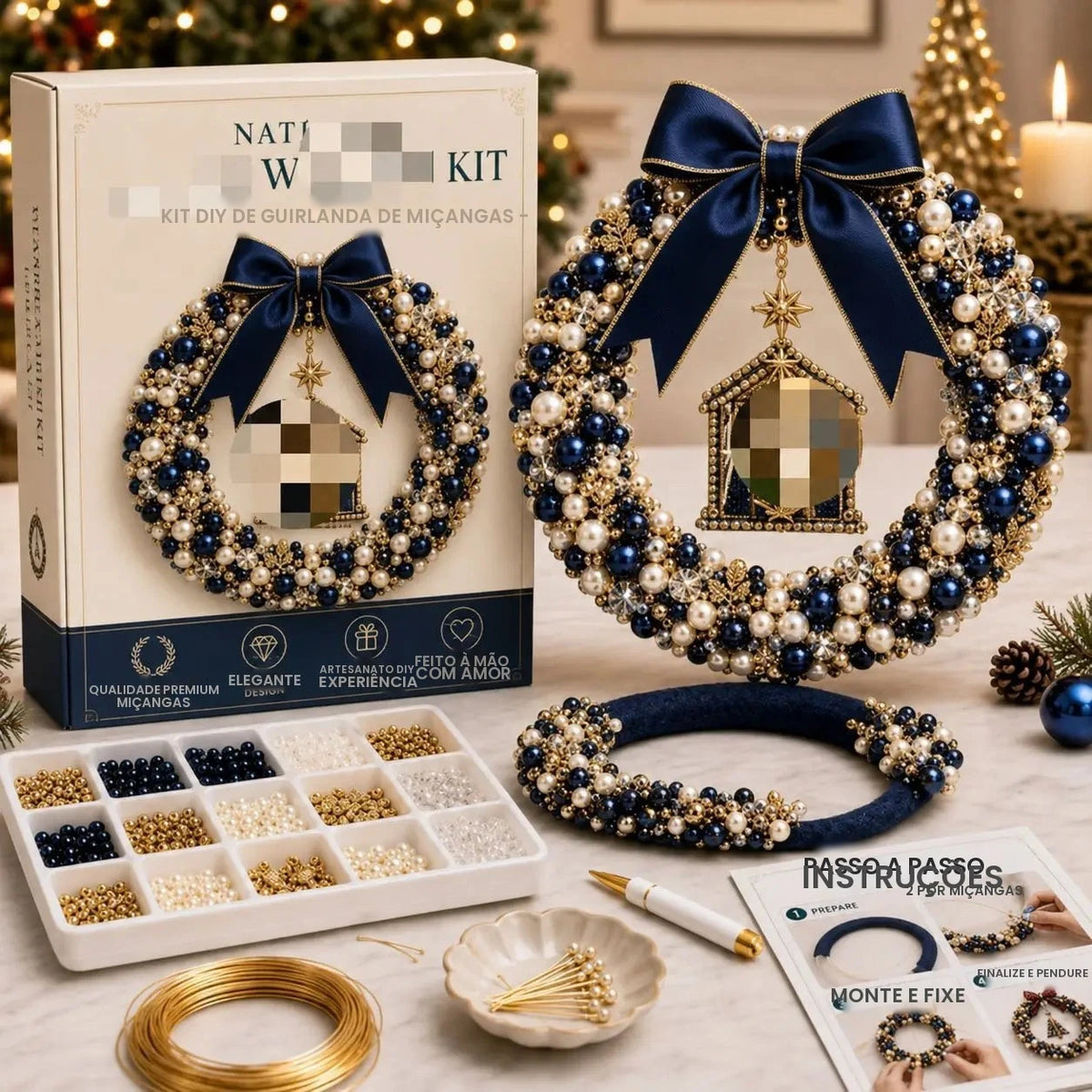 Kit de Guirlanda de Natal com Pérolas, Kit de Pintura de Arte com Diamantes DIY, Materiais para Artesanato de Guirlanda de Natal Feita à Mão, Decoração de Porta e Parede para Feriados