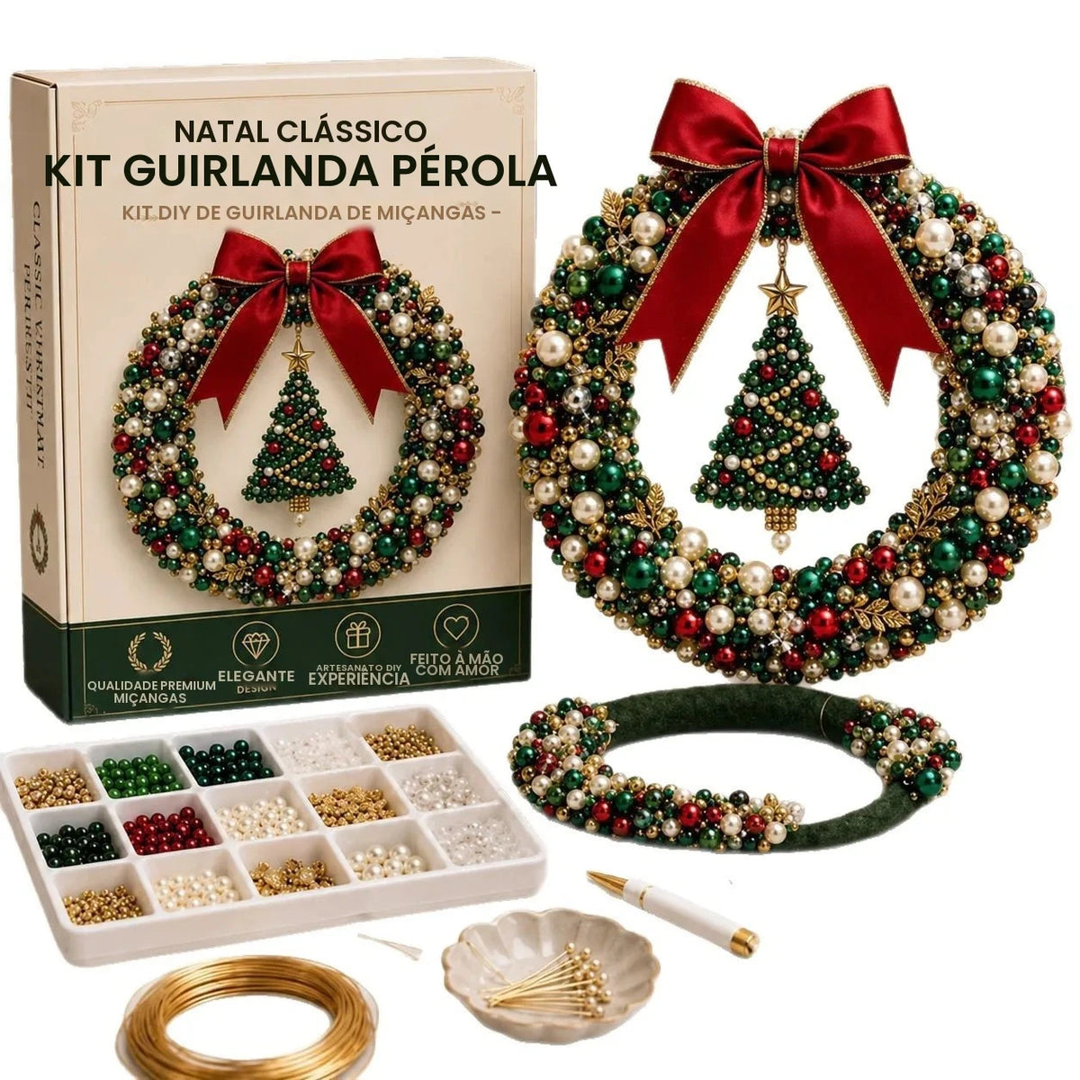 Kit de Guirlanda de Natal com Pérolas, Kit de Pintura de Arte com Diamantes DIY, Materiais para Artesanato de Guirlanda de Natal Feita à Mão, Decoração de Porta e Parede para Feriados