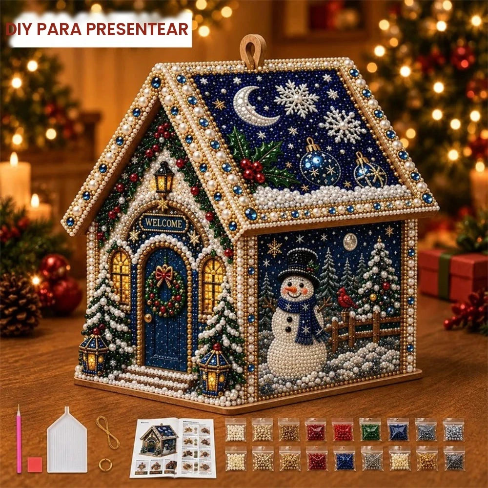 Kit de pintura 3D com diamantes, tema de cabana de Natal, para fazer você mesmo, com cristais e strass, para criar um objeto artesanal festivo, um presente para crianças e adultos.