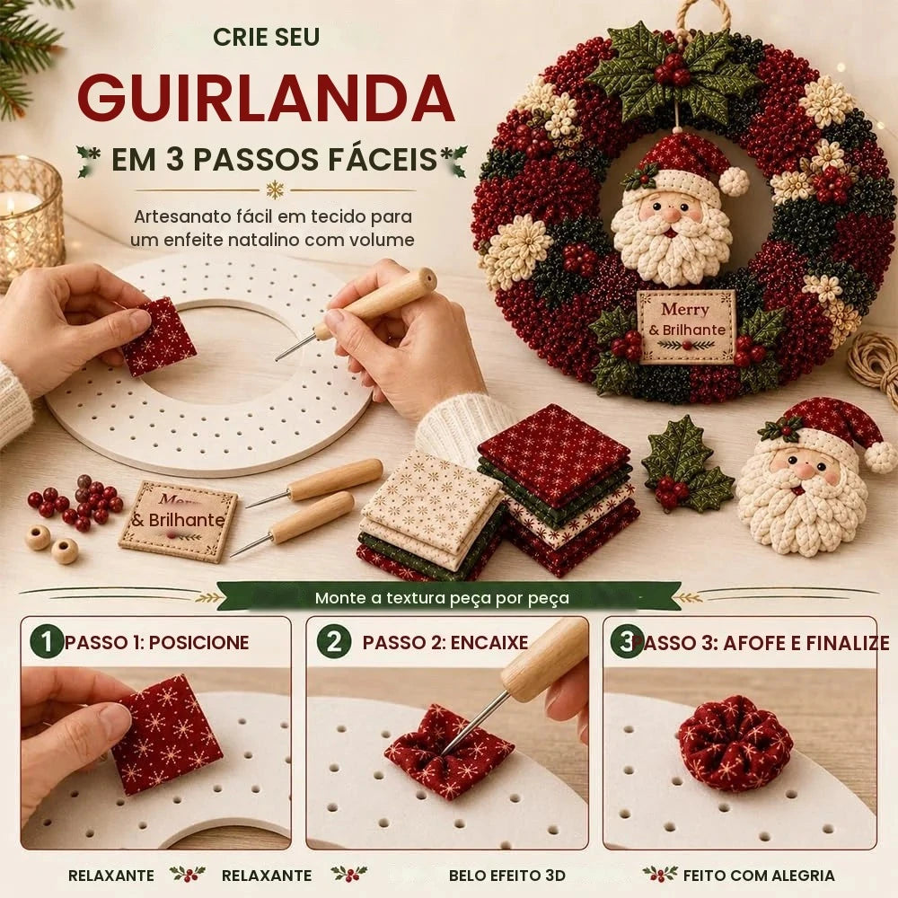 Kit DIY de Guirlanda 3D em Tecido para Fazer Guirlanda de Natal, Kit de Artesanato com Papai Noel, Decoração de Natal 2026 para Adultos, para Varanda