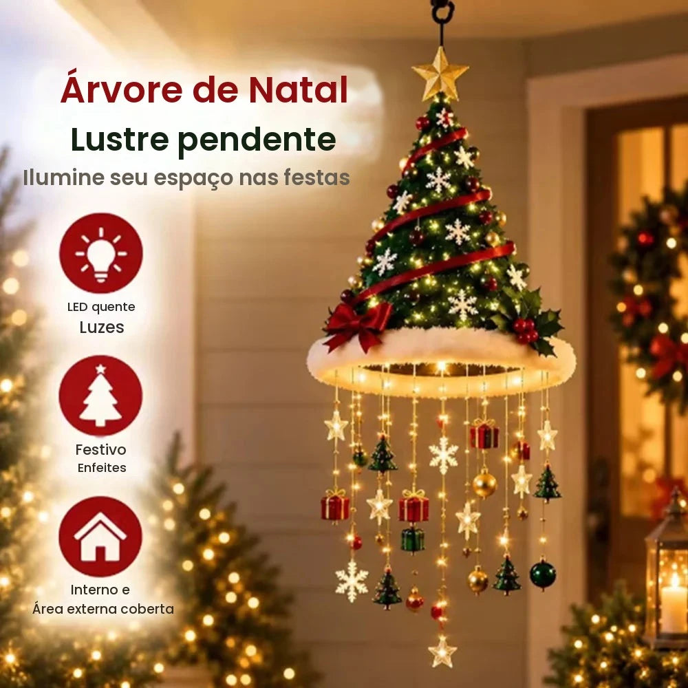 Luminária pendente de Natal em forma de chapéu de Papai Noel com luzes LED, adornada com borlas, sinos e estrelas, ideal para decoração de festas de Natal, casas, paredes e tetos.