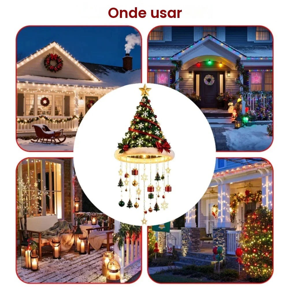 Luminária pendente de Natal em forma de chapéu de Papai Noel com luzes LED, adornada com borlas, sinos e estrelas, ideal para decoração de festas de Natal, casas, paredes e tetos.