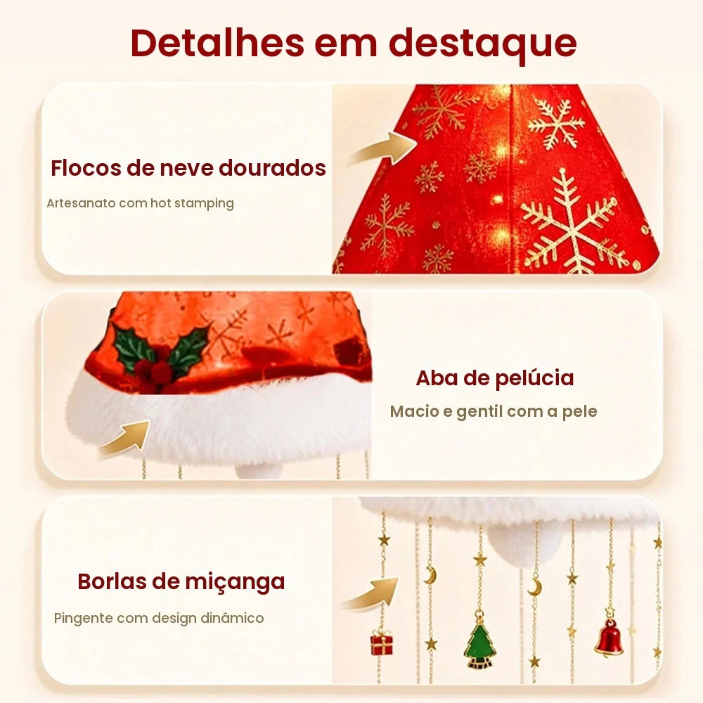 Luminária pendente de Natal em forma de chapéu de Papai Noel com luzes LED, adornada com borlas, sinos e estrelas, ideal para decoração de festas de Natal, casas, paredes e tetos.