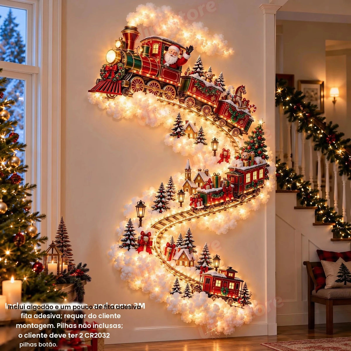 Luz de parede com tema natalino e efeito mágico – decoração de parede com cena natalina iluminada por LED, enfeite de trenó de Papai Noel e renas para pendurar, ideal para festas.