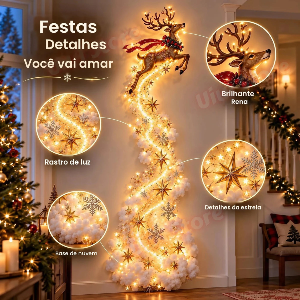 Luz de parede com tema natalino e efeito mágico – decoração de parede com cena natalina iluminada por LED, enfeite de trenó de Papai Noel e renas para pendurar, ideal para festas.