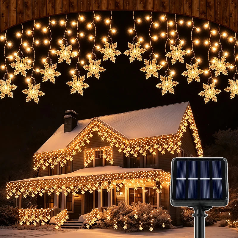 Luzes de Fada Solares para Exterior em Formato de Floco de Neve 96LED 162LED Branco Quente Colorido Guirlanda LED 8 Modos Classificação IP54 Decoração para Jardim, Cerca e Feriados