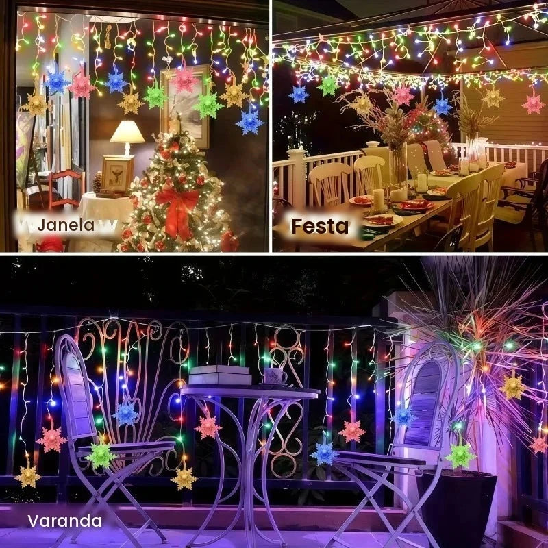 Luzes de Fada Solares para Exterior em Formato de Floco de Neve 96LED 162LED Branco Quente Colorido Guirlanda LED 8 Modos Classificação IP54 Decoração para Jardim, Cerca e Feriados