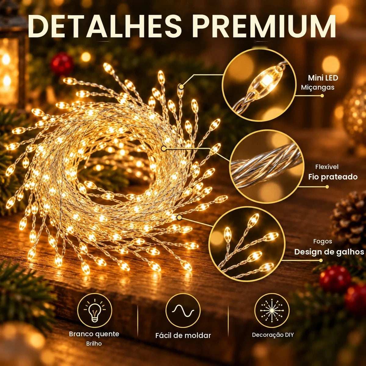 Luzes de Natal em forma de ramo, com pilhas USB, efeito de fogos de artifício, 3M/100 LEDs, 6M/200 LEDs, 8 modos, para decoração de árvores, janelas, quartos, festas e eventos natalinos.