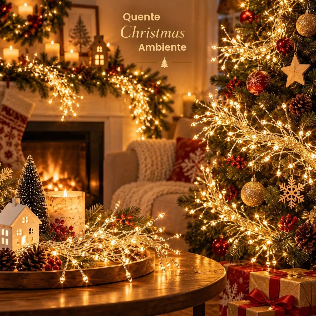 Luzes de Natal em forma de ramo, com pilhas USB, efeito de fogos de artifício, 3M/100 LEDs, 6M/200 LEDs, 8 modos, para decoração de árvores, janelas, quartos, festas e eventos natalinos.