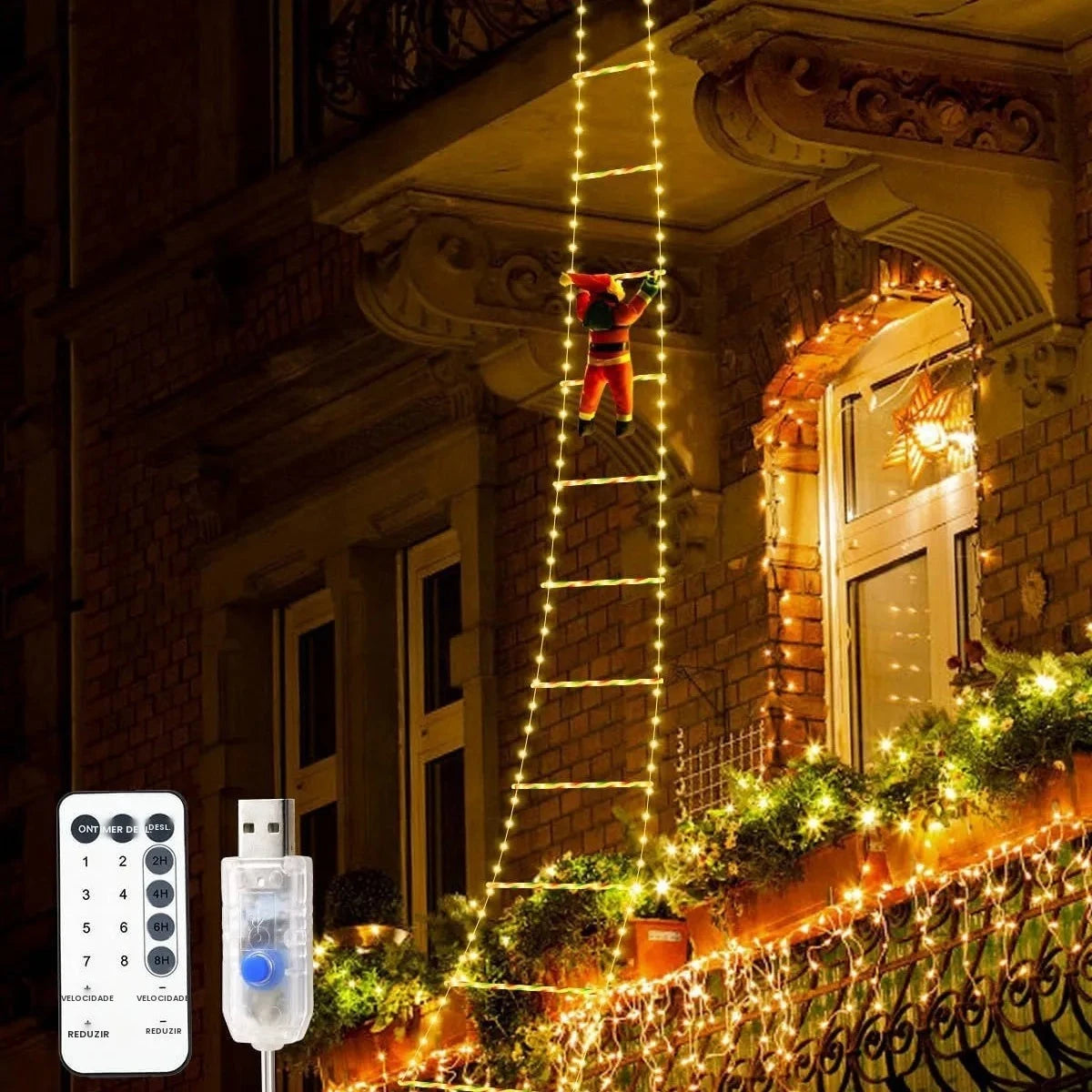 Natal led papai noel escada de escalada luz usb plug 8 modos piscando casa navidad festa decoração árvore natal janela parede