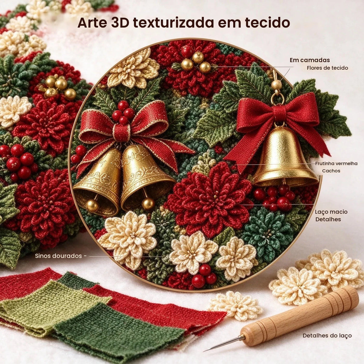 Novo Kit de Arte em Tecido 3D de Natal, Guirlanda de Sinos de Natal em Tecido 3D, Ornamento de Decoração para Casa, Presente de Fim de Ano