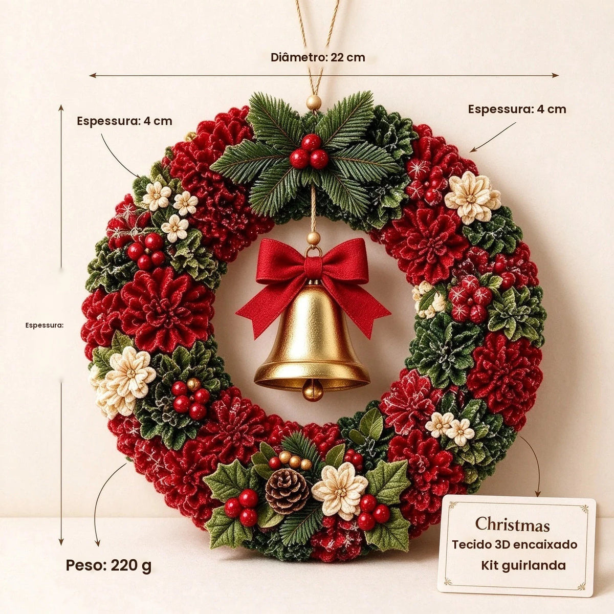 Novo Kit de Arte em Tecido 3D de Natal, Guirlanda de Sinos de Natal em Tecido 3D, Ornamento de Decoração para Casa, Presente de Fim de Ano