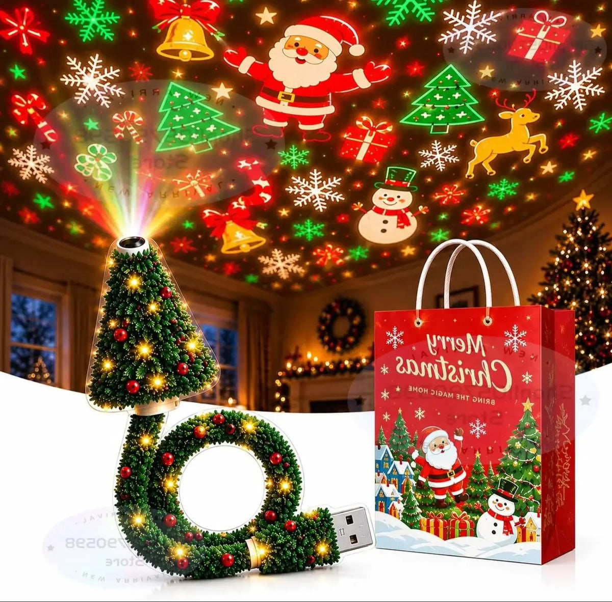 Novo projetor de luzes de Natal, fácil de conectar, funciona com USB, luz noturna de Natal, inclui 6 ou mais modos de iluminação para as festas.