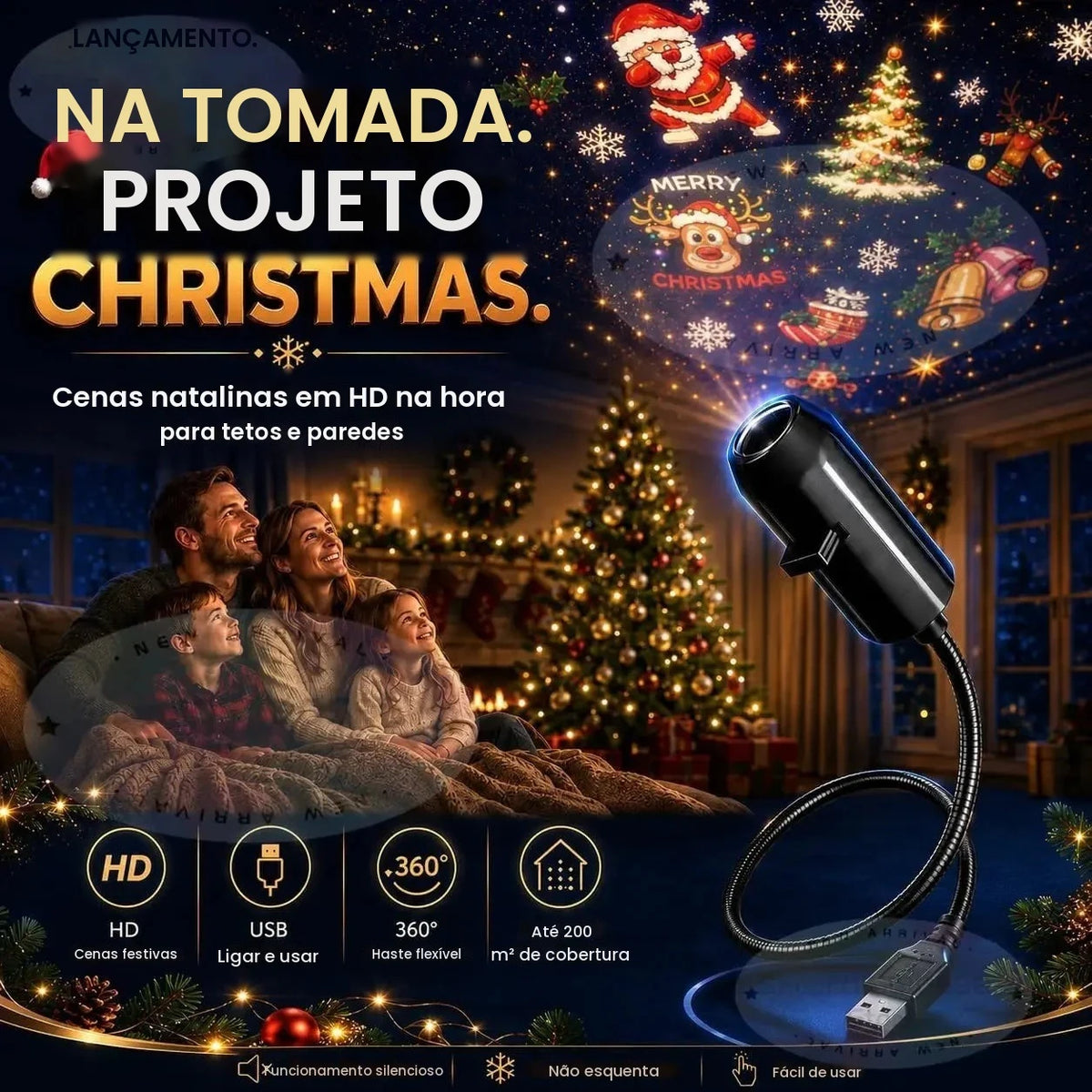 Novo projetor de luzes de Natal, fácil de conectar, funciona com USB, luz noturna de Natal, inclui 6 ou mais modos de iluminação para as festas.
