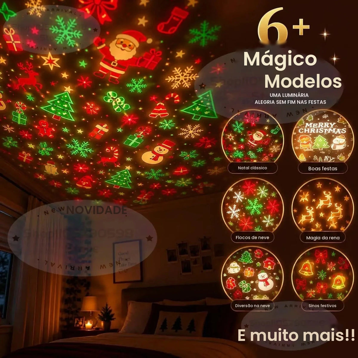 Novo projetor de luzes de Natal, fácil de conectar, funciona com USB, luz noturna de Natal, inclui 6 ou mais modos de iluminação para as festas.
