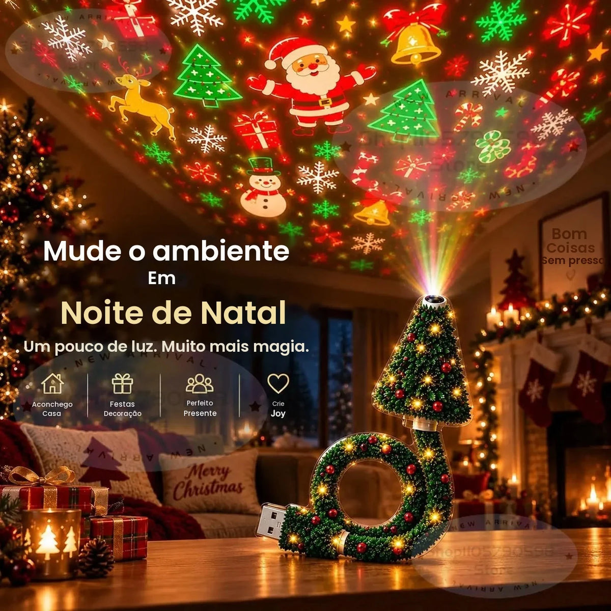 Novo projetor de luzes de Natal, fácil de conectar, funciona com USB, luz noturna de Natal, inclui 6 ou mais modos de iluminação para as festas.