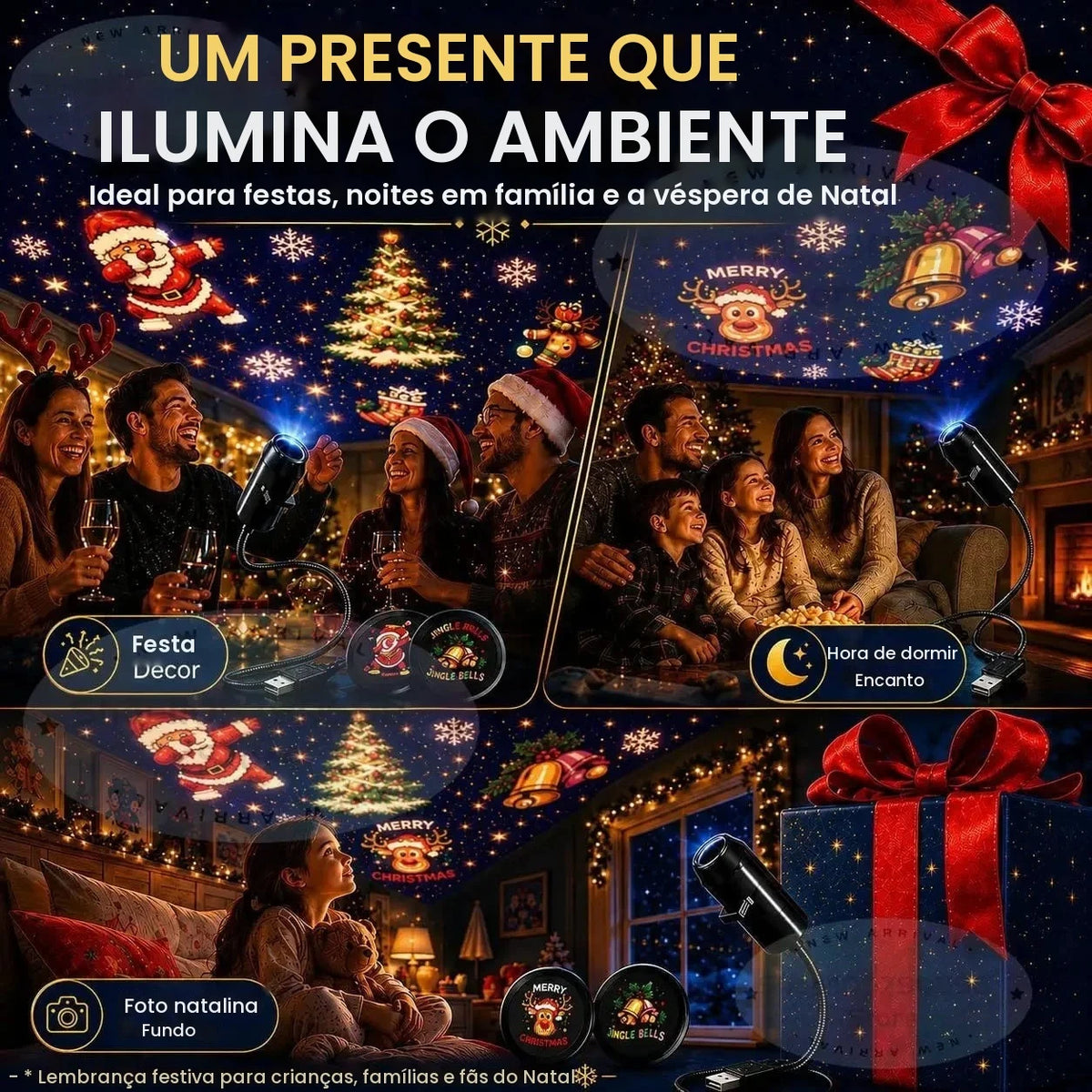 Novo projetor de luzes de Natal, fácil de conectar, funciona com USB, luz noturna de Natal, inclui 6 ou mais modos de iluminação para as festas.
