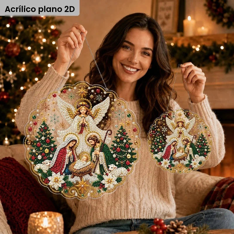 Pintura de Diamantes 2D com Tema de Presépio de Natal, Ornamento Acrílico Plano para Pendurar com Decoração de Renda e Borda de Anjo da Sagrada Família