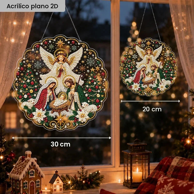 Pintura de Diamantes 2D com Tema de Presépio de Natal, Ornamento Acrílico Plano para Pendurar com Decoração de Renda e Borda de Anjo da Sagrada Família