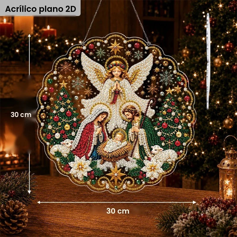 Pintura de Diamantes 2D com Tema de Presépio de Natal, Ornamento Acrílico Plano para Pendurar com Decoração de Renda e Borda de Anjo da Sagrada Família