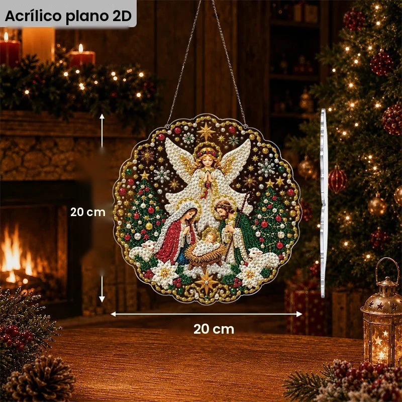 Pintura de Diamantes 2D com Tema de Presépio de Natal, Ornamento Acrílico Plano para Pendurar com Decoração de Renda e Borda de Anjo da Sagrada Família