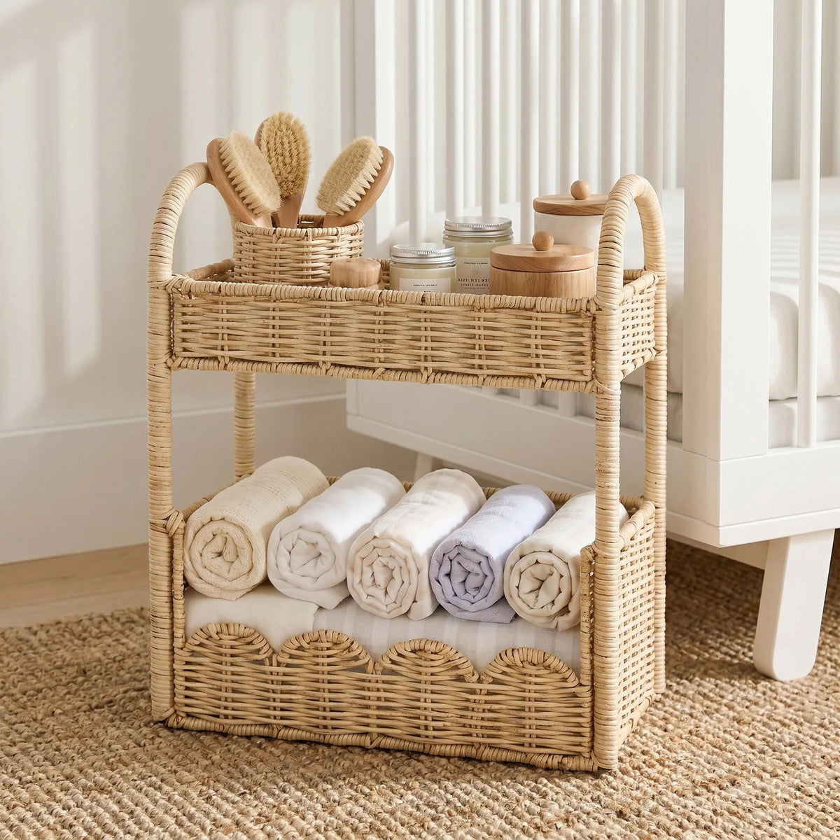 Prateleira de Rattan com 2 Andares para Quarto de Bebê