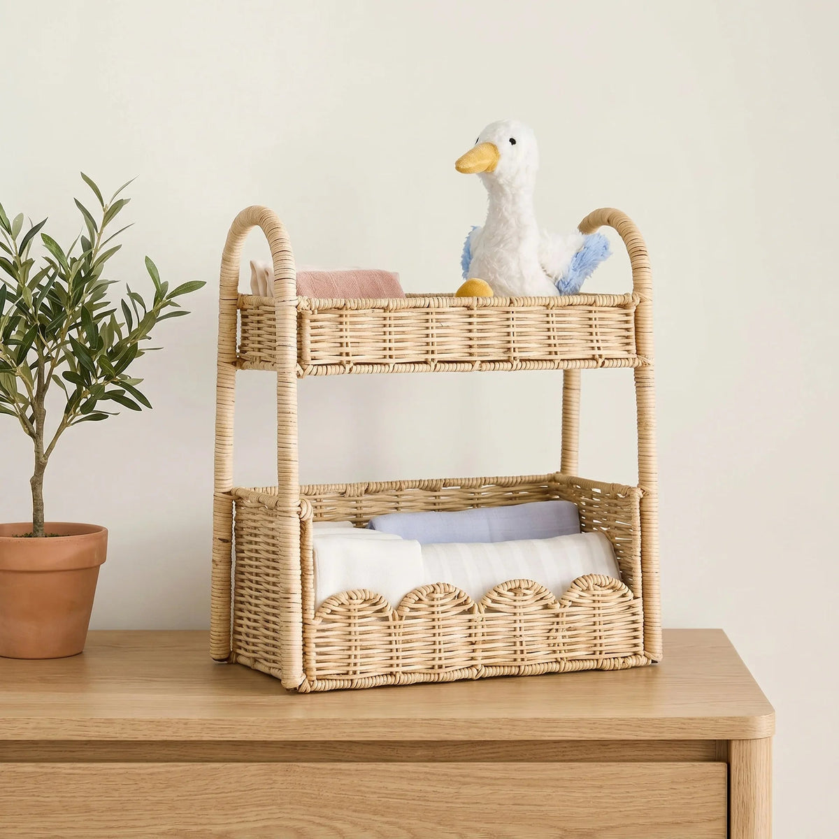 Prateleira de Rattan com 2 Andares para Quarto de Bebê