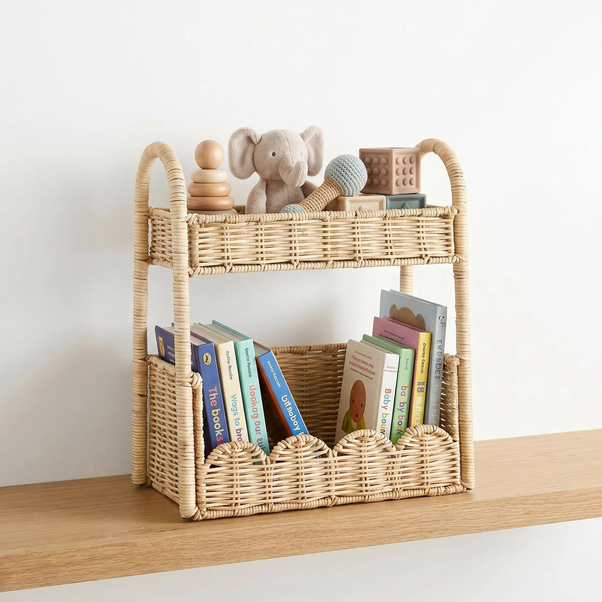 Prateleira de Rattan com 2 Andares para Quarto de Bebê