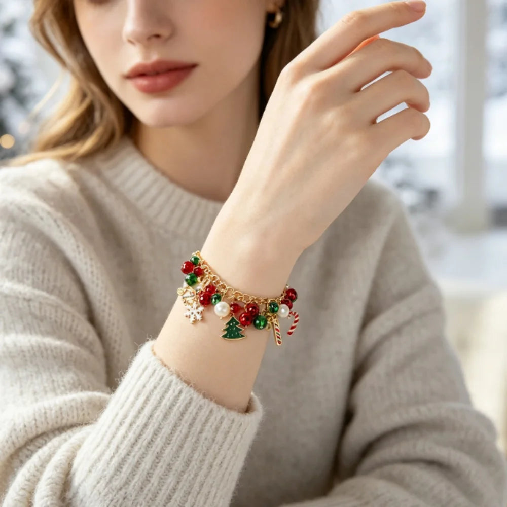 Pulseira de Natal, Presente de Joia para Mulheres, Meninas e Crianças, Pulseiras de Contas, Pulseira com Pingente de Papai Noel, Feliz Natal