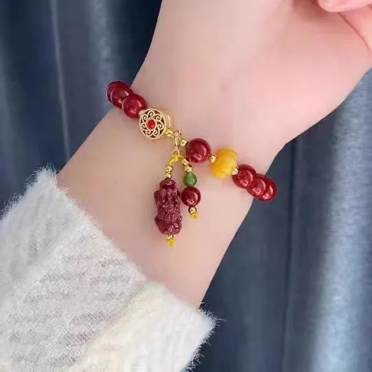 Pulseiras de cinábrio para mulheres, contas redondas feitas à mão de 8 metros no ano do zodíaco, obra-prima do casal DIY, presente do melhor amigo