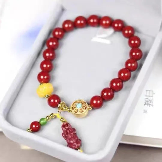 Pulseiras de cinábrio para mulheres, contas redondas feitas à mão de 8 metros no ano do zodíaco, obra-prima do casal DIY, presente do melhor amigo