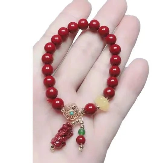Pulseiras de cinábrio para mulheres, contas redondas feitas à mão de 8 metros no ano do zodíaco, obra-prima do casal DIY, presente do melhor amigo