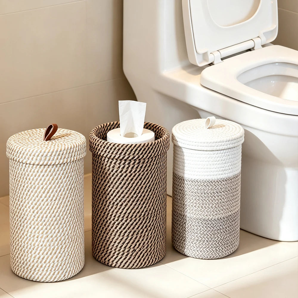 Porta Papel Higiênico de Corda com Tampa, 3 Rolos