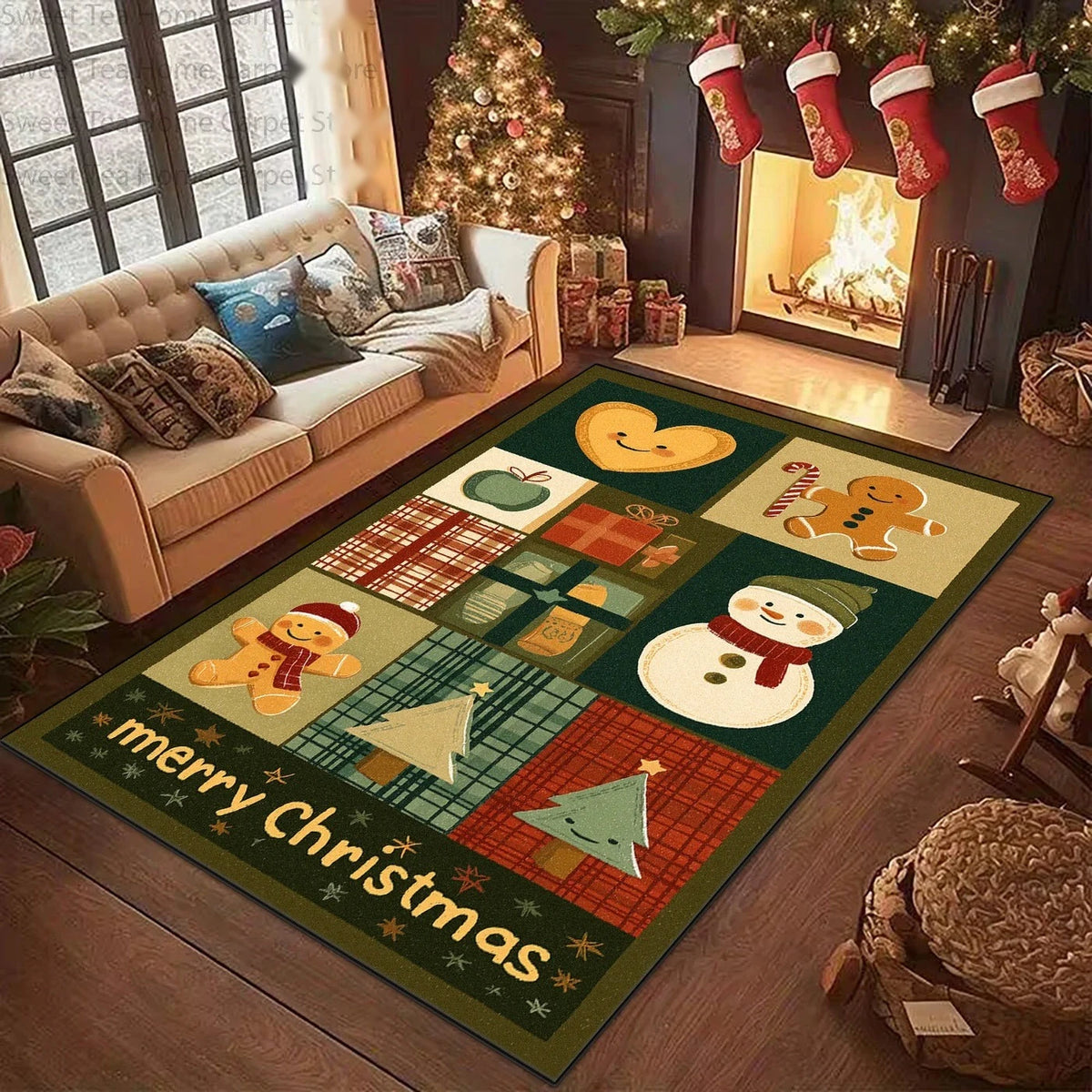 Tapete de Decoração de Sala de Estar de Natal Americano, Antiderrapante, Lavável, Macio e Fofo, para Quarto, Sala de Estar e Árvore de Natal