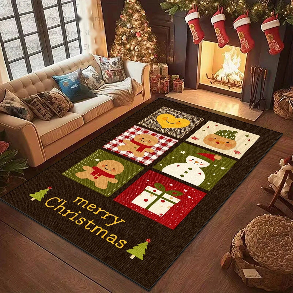 Tapete de Decoração de Sala de Estar de Natal Americano, Antiderrapante, Lavável, Macio e Fofo, para Quarto, Sala de Estar e Árvore de Natal