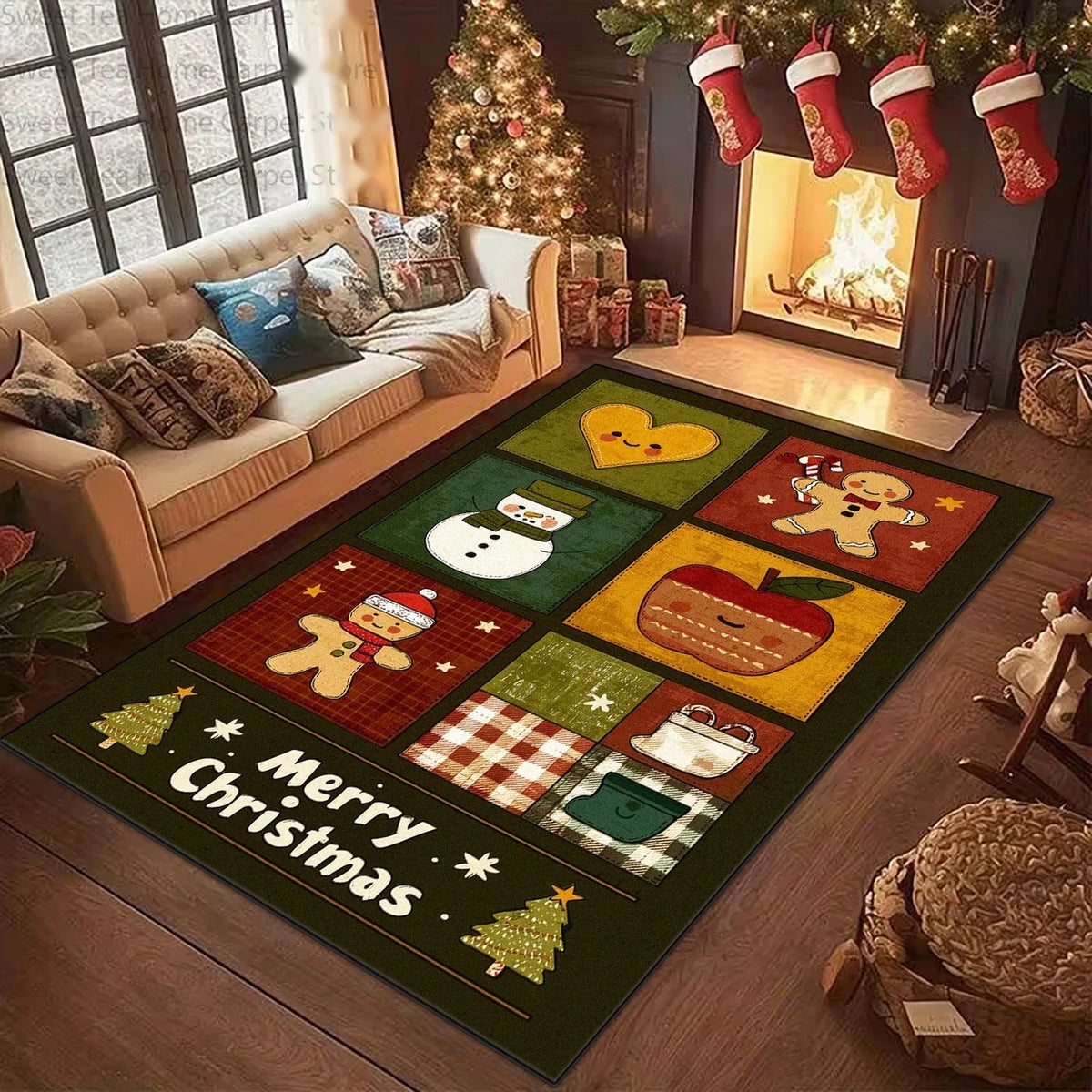 Tapete de Decoração de Sala de Estar de Natal Americano, Antiderrapante, Lavável, Macio e Fofo, para Quarto, Sala de Estar e Árvore de Natal