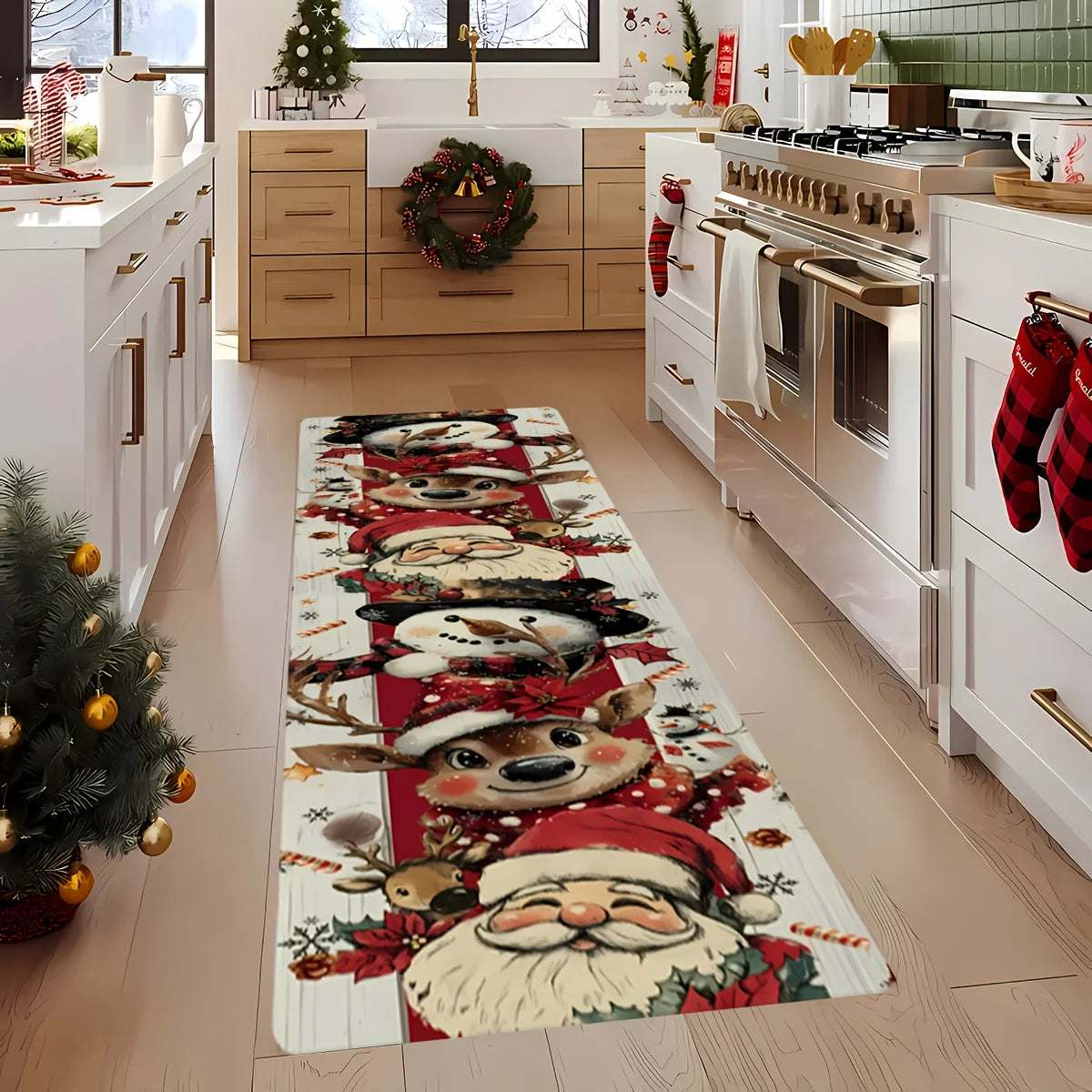Tapete de Natal Extra Longo Vermelho e Dourado, Tapetes de Natal Laváveis para Varanda, Decoração de Casa, Tapete para Corredor