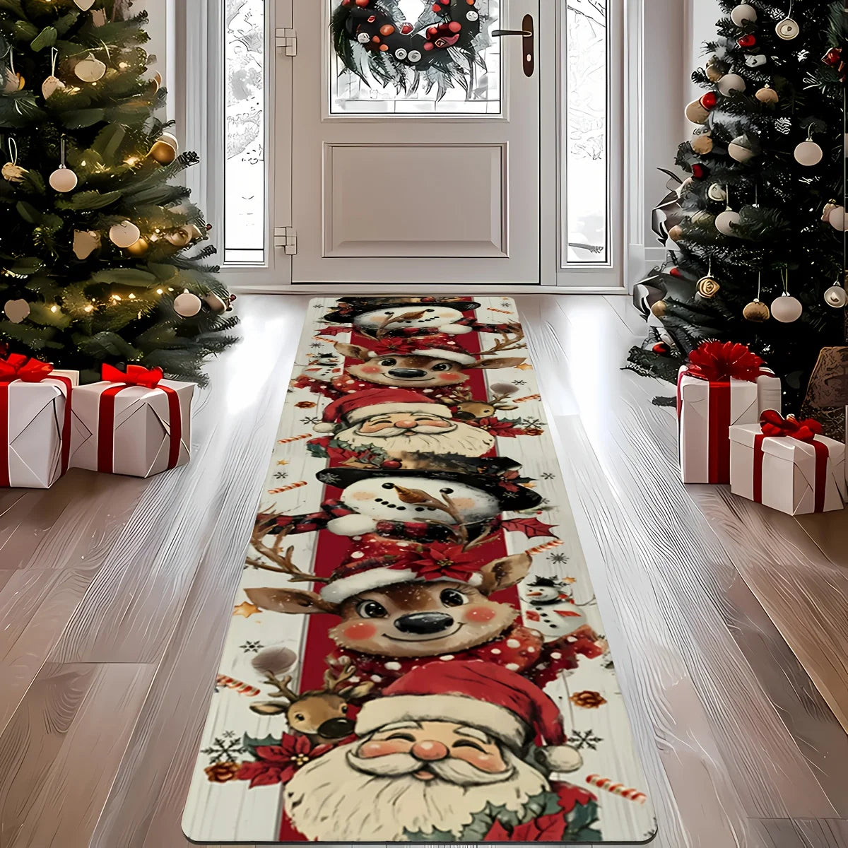 Tapete de Natal Extra Longo Vermelho e Dourado, Tapetes de Natal Laváveis para Varanda, Decoração de Casa, Tapete para Corredor