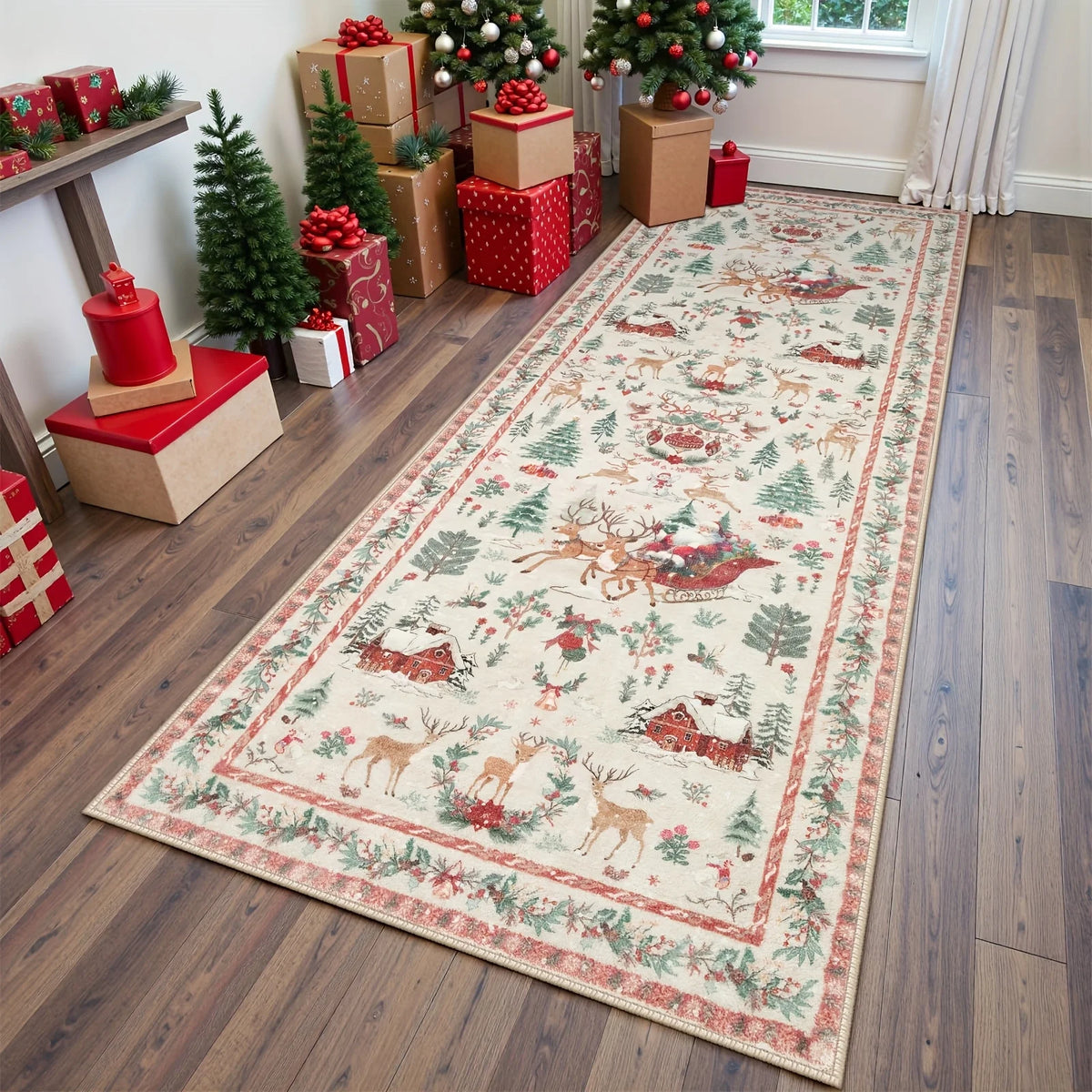 Tapete de Natal Vermelho VIKAMA, adequado para corredor, cozinha, lavável, tapete de porta do Papai Noel para quarto, tapete para sala de estar