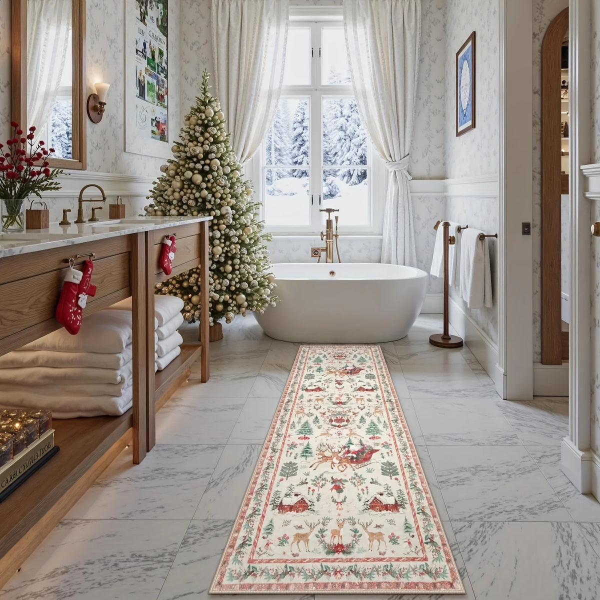 Tapete de Natal Vermelho VIKAMA, adequado para corredor, cozinha, lavável, tapete de porta do Papai Noel para quarto, tapete para sala de estar